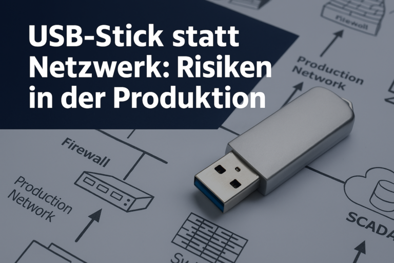 Alt="USB-Stick in der Fertigung statt sicherer Netzwerkanbindung – Beispiel aus der OT-Sicherheit"